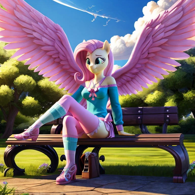 fluttershy, my little pony, human body, 2 hands, 2 legs, female, long fur, pink hair, pink tail, yellow wings, colorful socks, spread wings, fluffy feathers, smiling, tying a bow on her shoe sitting on the bench, sunny day, clouds, hyper-detail, 3d illustration, high contrast, masterpiece, hyper-realism, best quality, fantasy art, magnificent, celestial, epic, majestic, magical, nsfw
