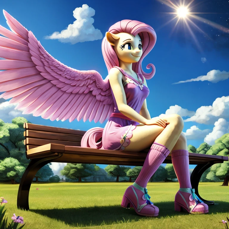 fluttershy, my little pony, human body, 2 hands, 2 legs, female, long fur, pink hair, pink tail, yellow wings, colorful socks, spread wings, fluffy feathers, smiling, tying a bow on her shoe sitting on the bench, sunny day, clouds, hyper-detail, 3d illustration, high contrast, masterpiece, hyper-realism, best quality, fantasy art, magnificent, celestial, epic, majestic, magical, nsfw
