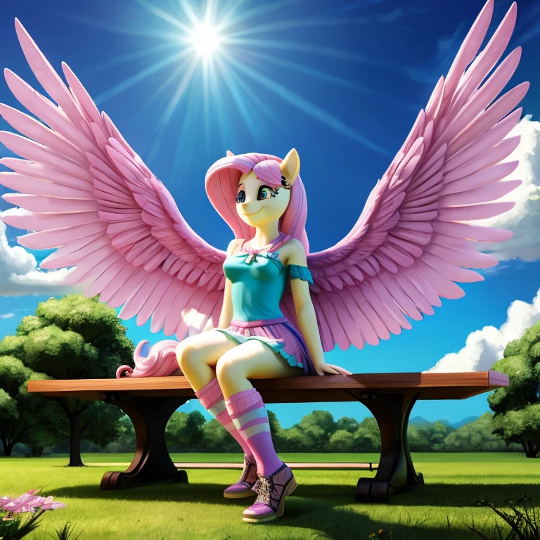 fluttershy, my little pony, human body, 2 hands, 2 legs, female, long fur, pink hair, pink tail, yellow wings, colorful socks, spread wings, fluffy feathers, smiling, tying a bow on her shoe sitting on the bench, sunny day, clouds, hyper-detail, 3d illustration, high contrast, masterpiece, hyper-realism, best quality, fantasy art, magnificent, celestial, epic, majestic, magical, nsfw
