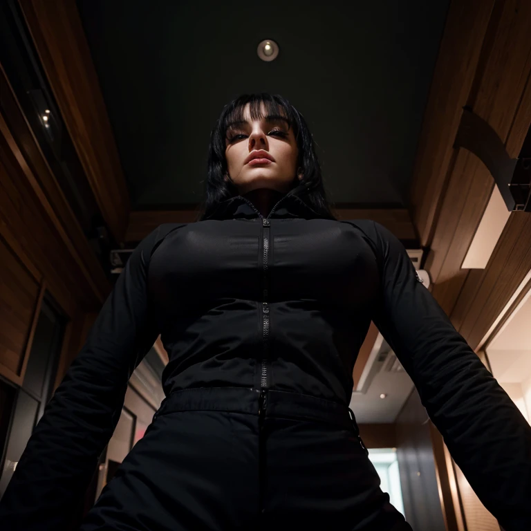1 woman, tall, muscular, black jacket, black blouse, black pants, black hair, bangs, serious, black eyes, night, view from below.