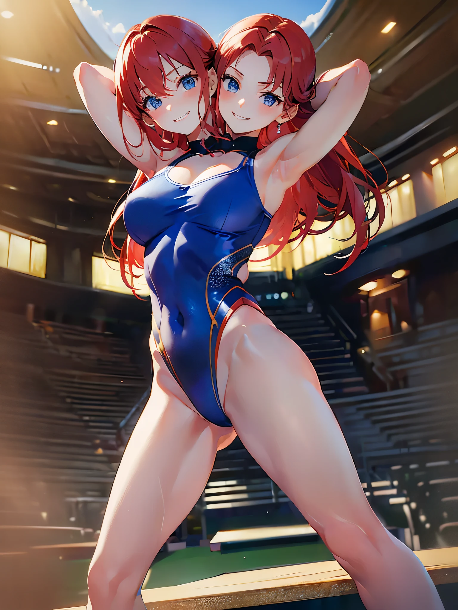 (masterpiece, best quality), best resolution, (2heads:1.5), 1girl, gymnast, red hair, blue eyes, smiling, determined, blue leotard, stretching arms over head, gymnastics competition venue