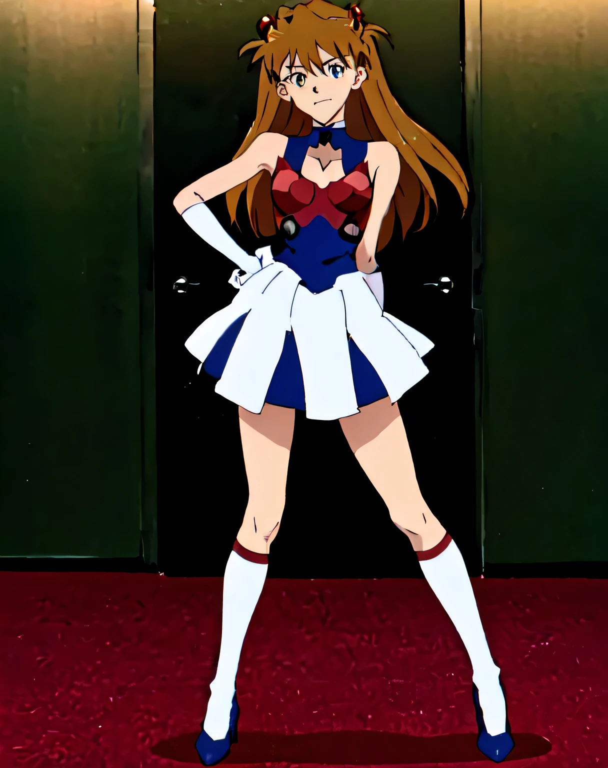 masterpiece, best quality, souryuu asuka langley, girl, medium breasts, magical girl outfit, cute pose, red high socks, full body view