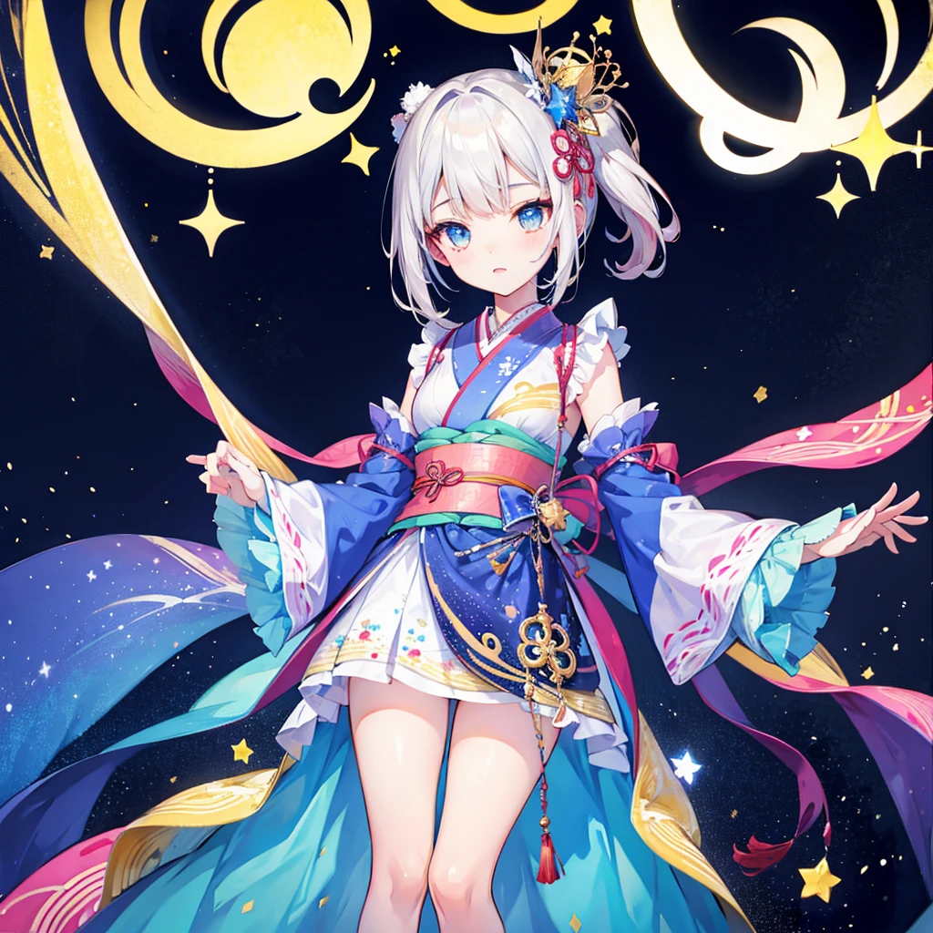 vtuber-fullbody、Star Fairy、「A girl wearing a beautifully printed kimono with a galaxy-like pattern、Front full body portrait、enchanting eyes、Perfect and stunning face、exquisite details、clear image、highest quality。」