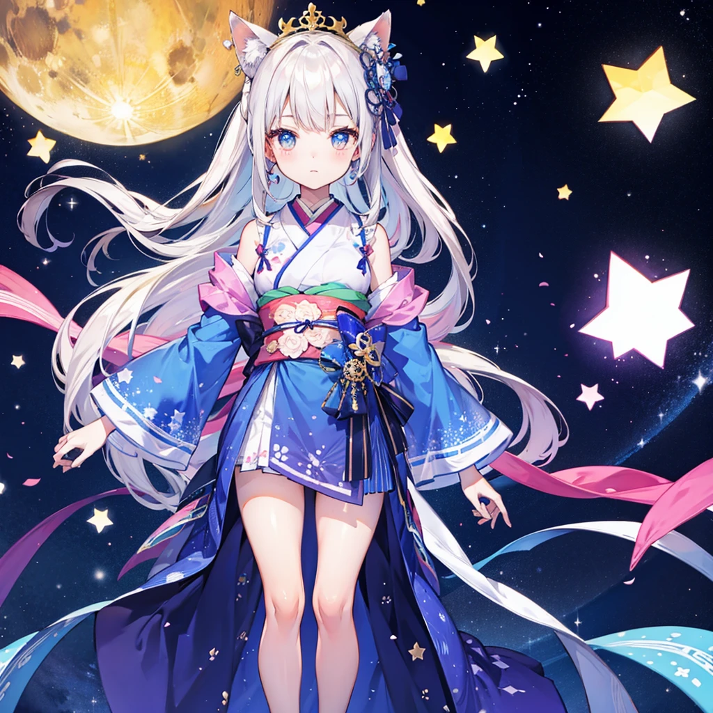 vtuber-fullbody、Star Fairy、「A girl wearing a beautifully printed kimono with a galaxy-like pattern、Front full body portrait、enchanting eyes、Perfect and stunning face、exquisite details、clear image、highest quality。」