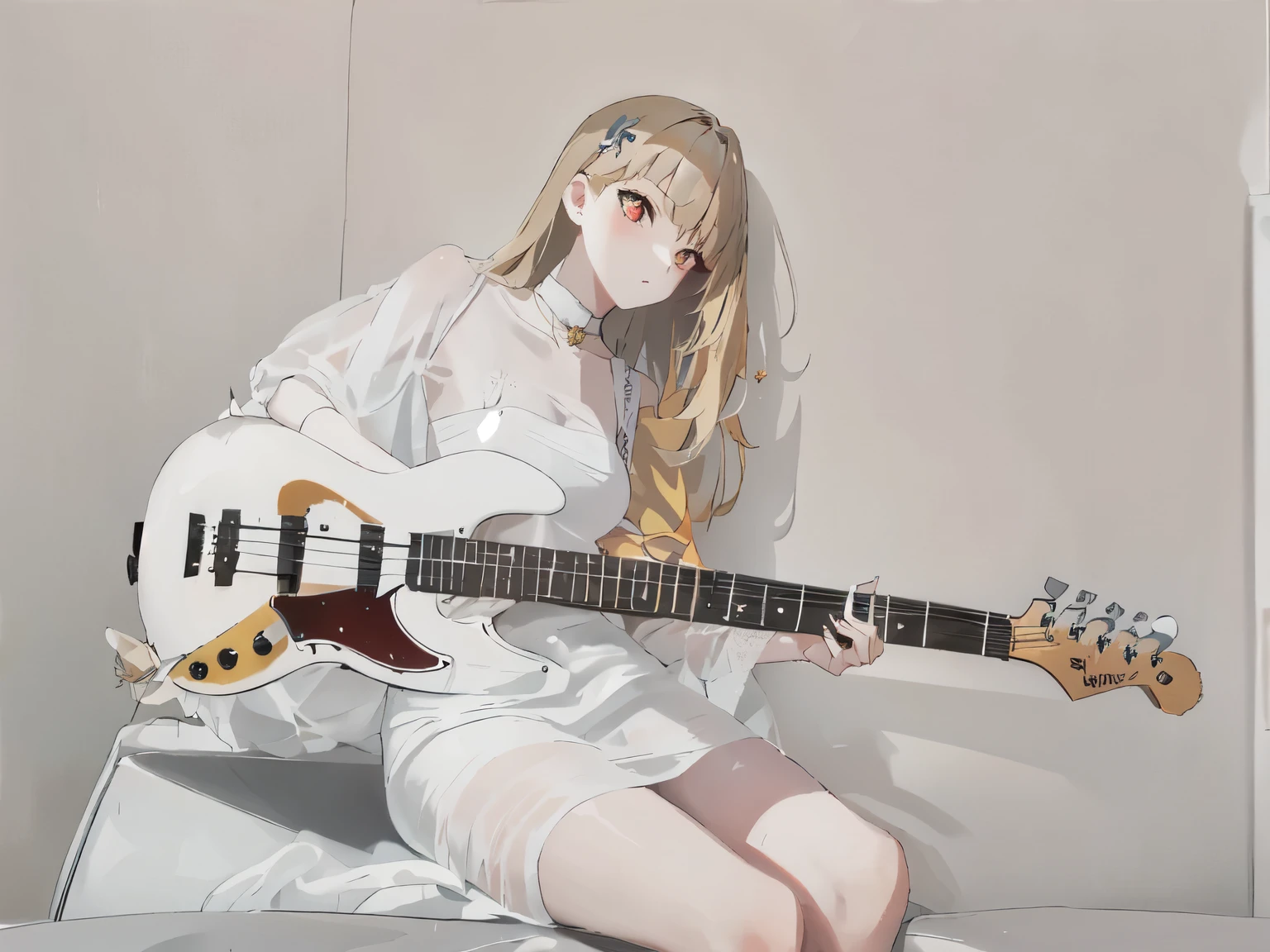 1girl, human ears, strawberry blonde hair, golden eyes, white prom dress, white thigh high, long hair, white bass guitar, electric bass guitar, Fender Jazz Bass, Roses on the ground, white background, studio lighting, poster, elegance, sitting post, photoshoot