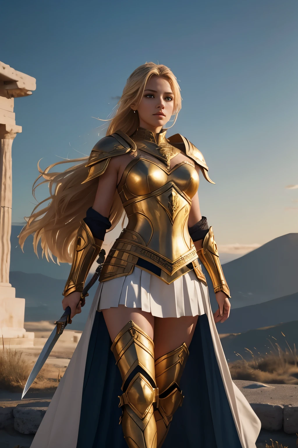 Generates an image of a Greek warrior girl at sunset, showing her entire body from head to toe. The warrior should have wide legs and hips, which gives her a strong and powerful appearance. She must wear golden armor that is not ostentatious, but is still impressive and functional. The armor must have an elegant design, inspired by ancient Greece, and must cover her entire body. The warrior must hold two swords in her hands, ready for combat. Her blonde hair should flow in the wind, and she should wear a short white skirt that complements her armor. The scene should take place at dusk, with warm colors illuminating the sky and clouds. The warrior must stand in a natural landscape, ready to face any challenge that comes her way NSFW sexy legs