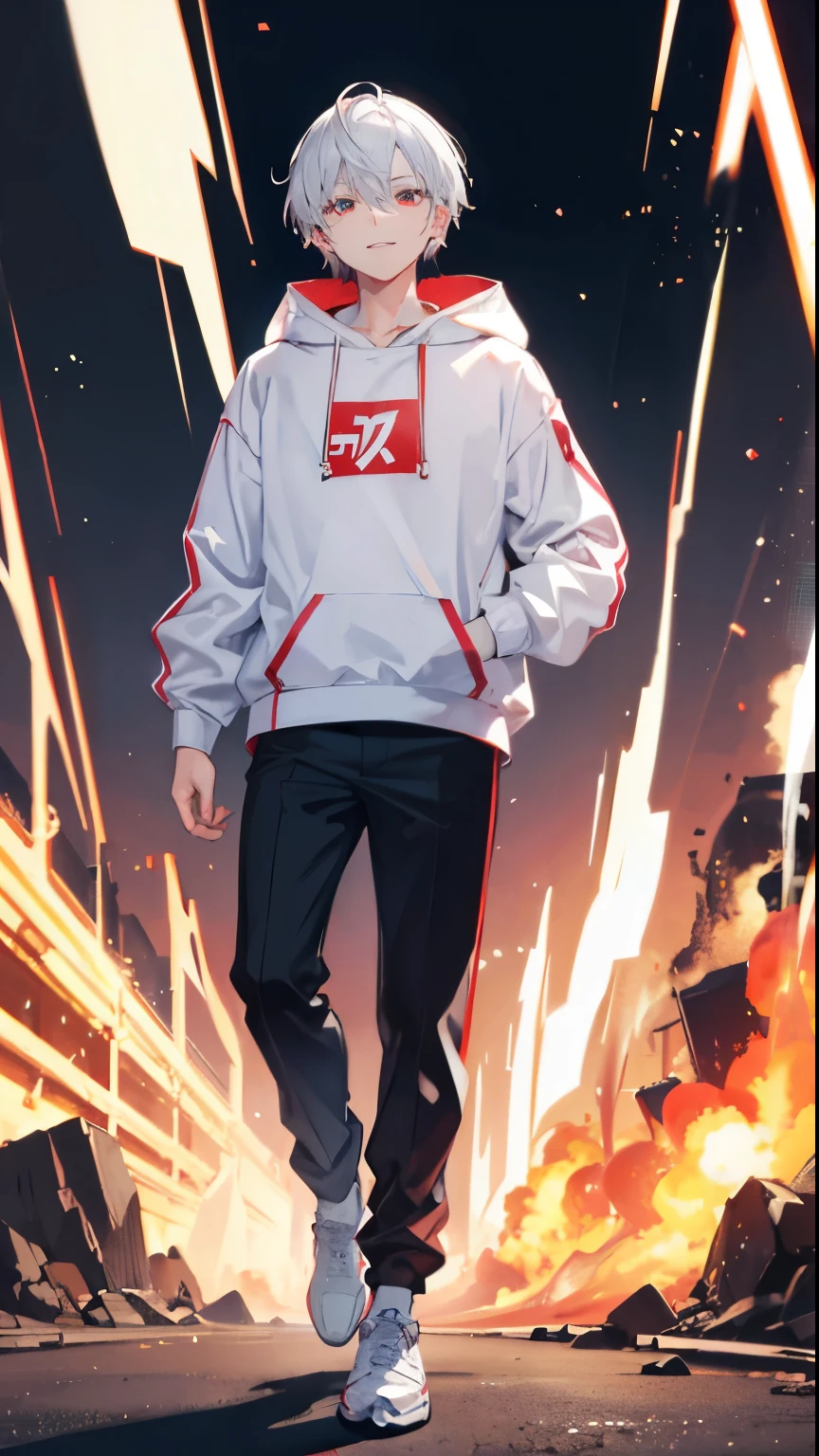 High resolution, 2D anime style,,cool men,red eyes,beautiful eyes,beautiful face,short hair,silver hair,White hoodie fashion,I&#39;m wearing long pants,Beautiful watch,beautiful earrings,he is smiling a little,he is walking.