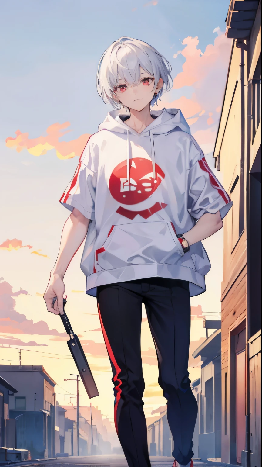 High resolution, 2D anime style,,cool men,red eyes,beautiful eyes,beautiful face,short hair,silver hair,White hoodie fashion,I'm wearing long pants,Beautiful watch,beautiful earrings,he is smiling a little,he is walking.