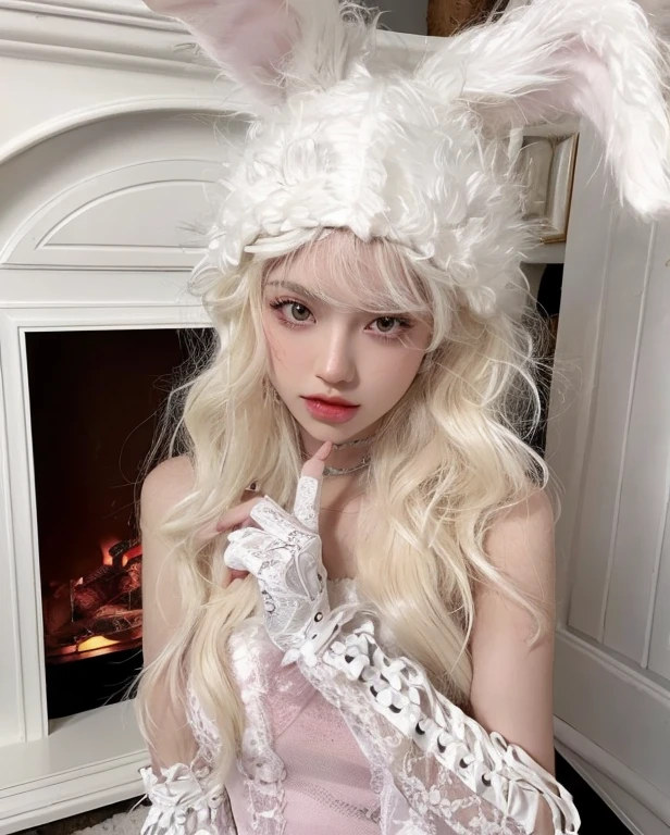 blond chica in bunny costume sitting on floor with blanco rabbit ears, blanco gato chica, twintails blanco_guantes, ava max, blanco ( gato ) chica, with blanco long hair, with long blanco hair, bella delfina, kerli koiv as anime chica, long blanco hair and bangs, albino blanco pale skin, retrato de kim petras, blanco long guantes