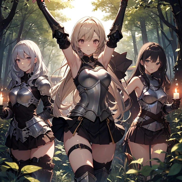 A group of female knight, (in forest), various hair styles, harem, wearing armored clothes, metal armor, night, details face, , short skirt, seducing, sword, showing armpits, sleeveless