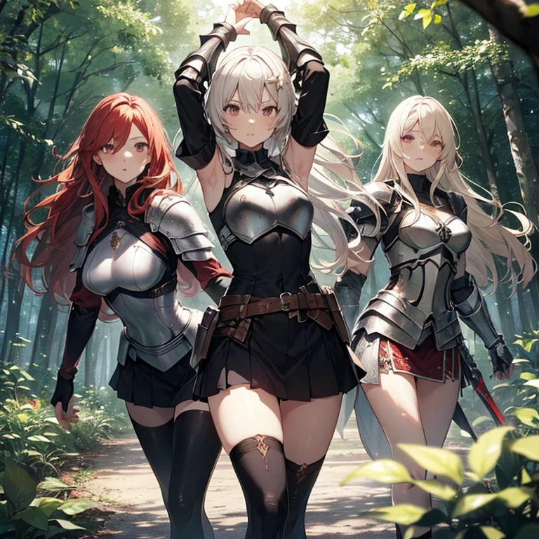 A group of female knight, (in forest), various hair styles, harem, wearing armored clothes, metal armor, night, details face, , short skirt, seducing, sword, showing armpits, sleeveless