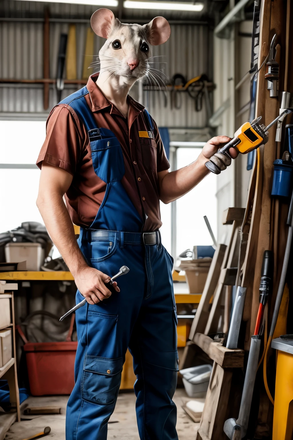 a mouse dressed as a mechanic, repairing an old car with a screwdriver in the back pocket of his pants inside a workshop