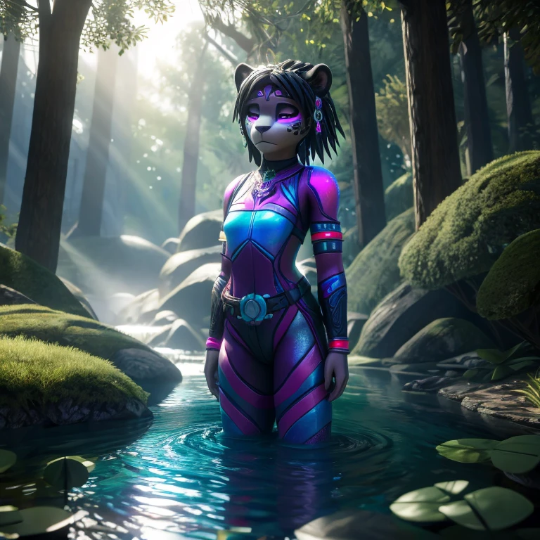 maozonia indigenous girl, 10 years old, bathing in a river, in the middle of the forest, a jaguar watching from afar, sad, Clockpunk, Gamercore, street level view, Blender rendering, 100mm, Sculpture, iridescent colors, Medicalcore, strobe lighting, ultra realistic, photorealistic, octane render, unreal engine, hyper detailed, volumetric lighting, hdr, octane render, fantasy 4k 8K