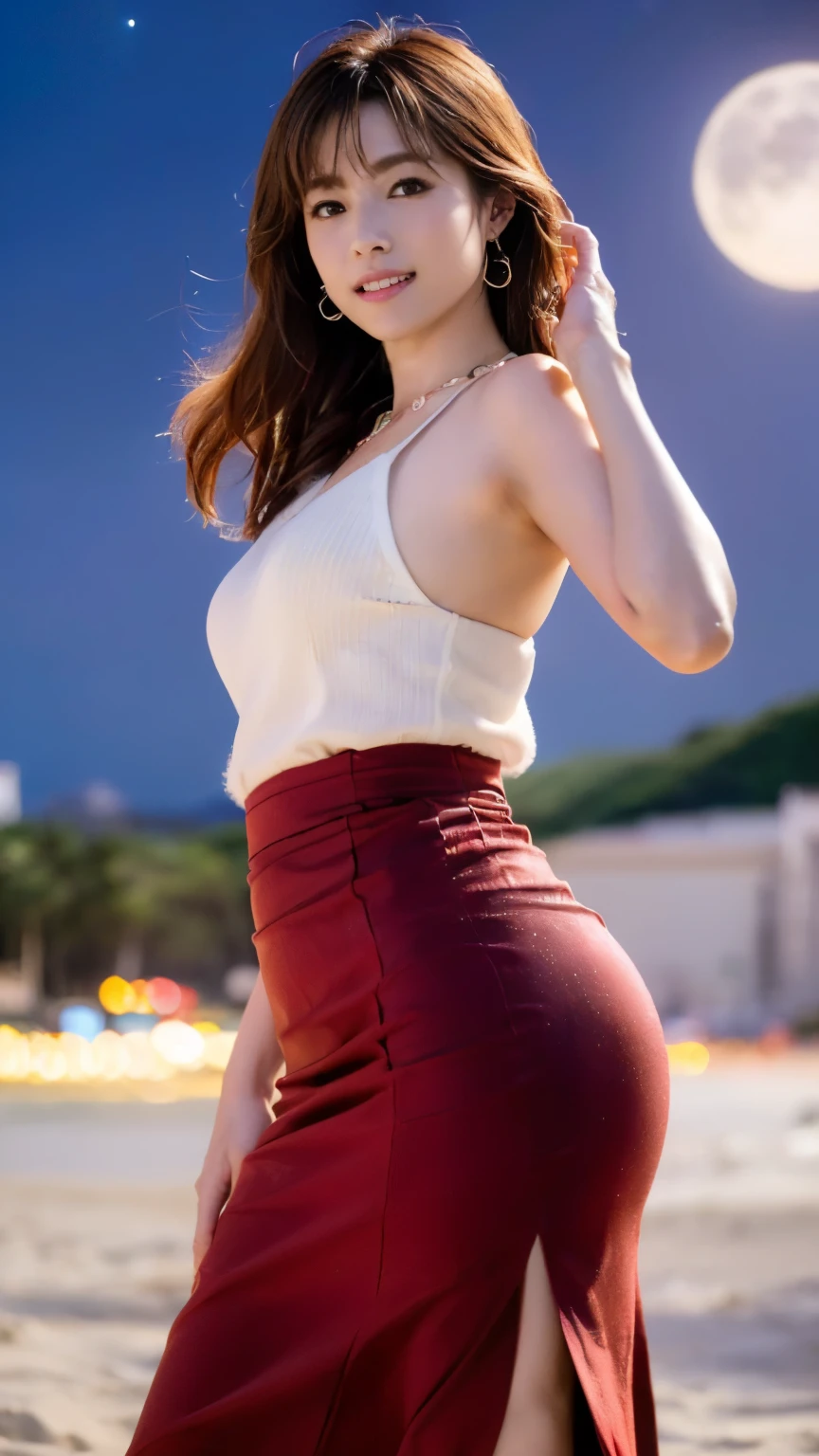 half body image, 1girl, 25 years old emma watson, added facial detail, beautiful detailed eyes, red hair, from behind, looking over her shoulder, wearing red skirt and black sports bra, upskirt, underboob, cyberpunk, city, street, neon lights, night