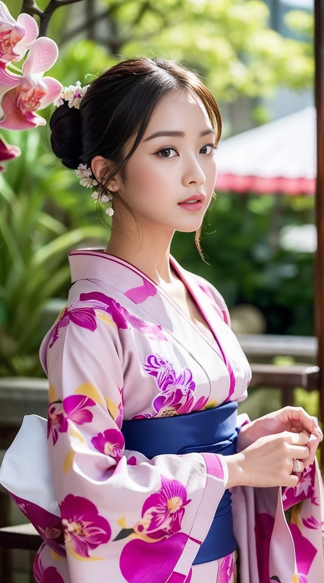 dark brown hair、light brown eyes、Japanese actress face、 lady、I&#39;Iは彼とIが好きです&#39;I&#39;Iは40歳くらいです.、(intricate details:1.2)、(which one is the top?:1.4)、 (超High resolution:1.2)、超High resolution、(finely tuned)、(detailed faceの特徴)、nffsw、8K resolution、D cup size breasts、long hair、up hairstyle, up hair、bun hair、1 girl, A look of deep sadness, (Highly detailed beautiful face), (Orchid style beautiful and cute floral kimono:1.5), (highest quality:1.4), (Super detailed)、beautiful fair skin,  open your mouth a little、Legs visible through kimono、Weakness Pose、obscene pose、japanese kimono、kimono、put your hands on the floor、barefoot、realistic, High resolution, 1 female, alone, raise one&#39;Waist height, look at the audience, (detailed face), kimono, luxury jewelry、gem、lots of flowers、Light Purple Idium Chest、gorgeous girl、華やかなkimono、cherry blossoms、背景のcherry blossoms、Isuzu souma, Fruit Basketball, Tomboy, バラの模様が入ったバーガンディ色のkimono,, Scars on her back, Pink rose foreground, Return a menacing gaze