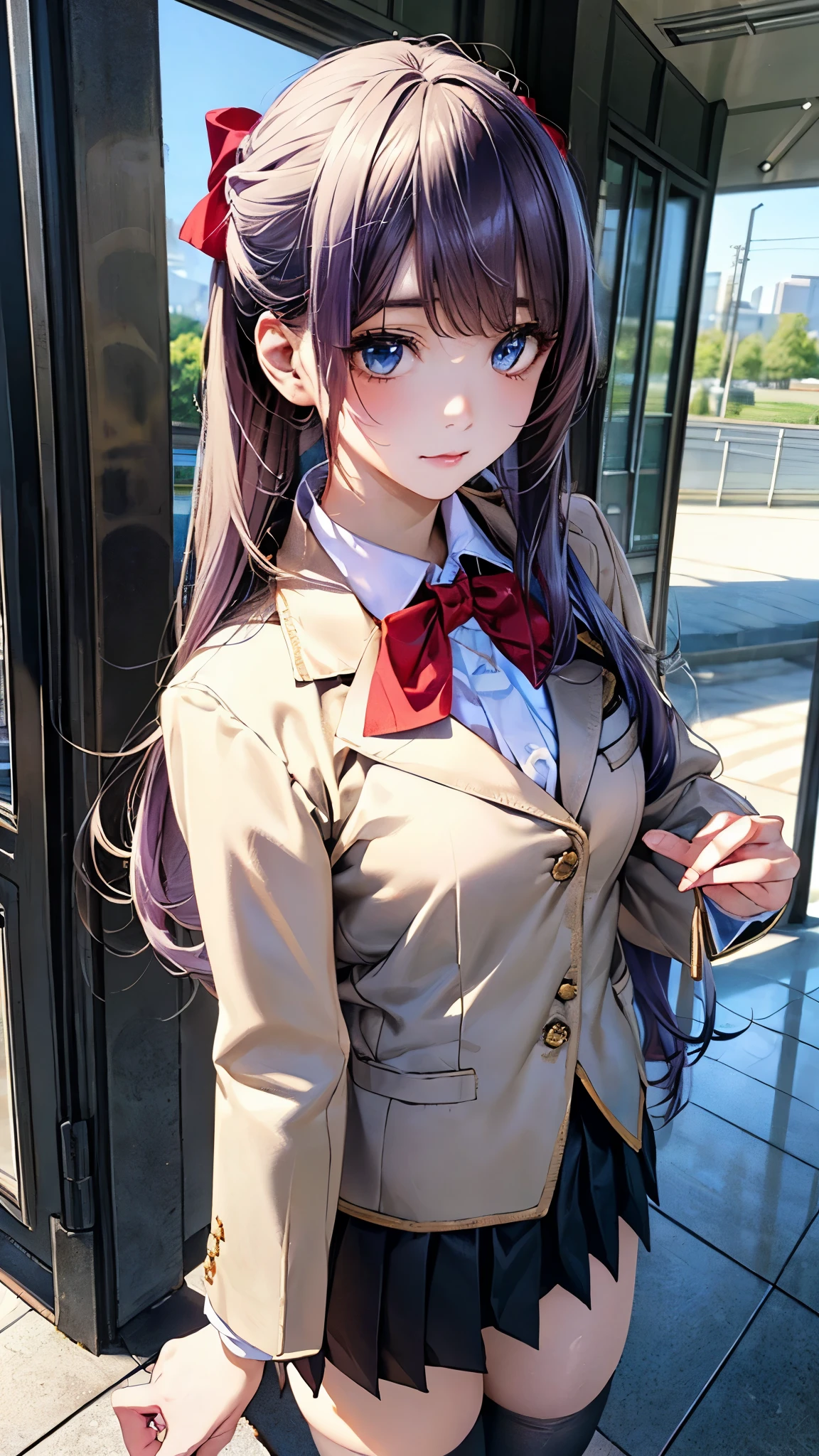 (masterpiece:1.2, top-quality), (realistic, photorealistic:1.4), beautiful illustration, (natural side lighting, movie lighting), nsfw, 
looking at viewer, 1 girl, japanese, high school girl, perfect face, cute and symmetrical face, shiny skin, 
long hair, (straight hair. updo hairstyle), (silver purple hair), crossed bangs), skyblue eyes, big eyes, slant eyes, long eye lasher, (medium breasts), slender, 
beautiful hair, beautiful face, beautiful detailed eyes, beautiful clavicle, beautiful body, beautiful chest, beautiful thigh, beautiful legs, beautiful fingers, 
((fumizuki academy, (long sleeve beige blazer), white thigh-highs, white collared shirts, black suit vest, black pleated mini skirt), red bow tie), 
 (beautiful scenery), morning, train station, (walking), (expressionless),