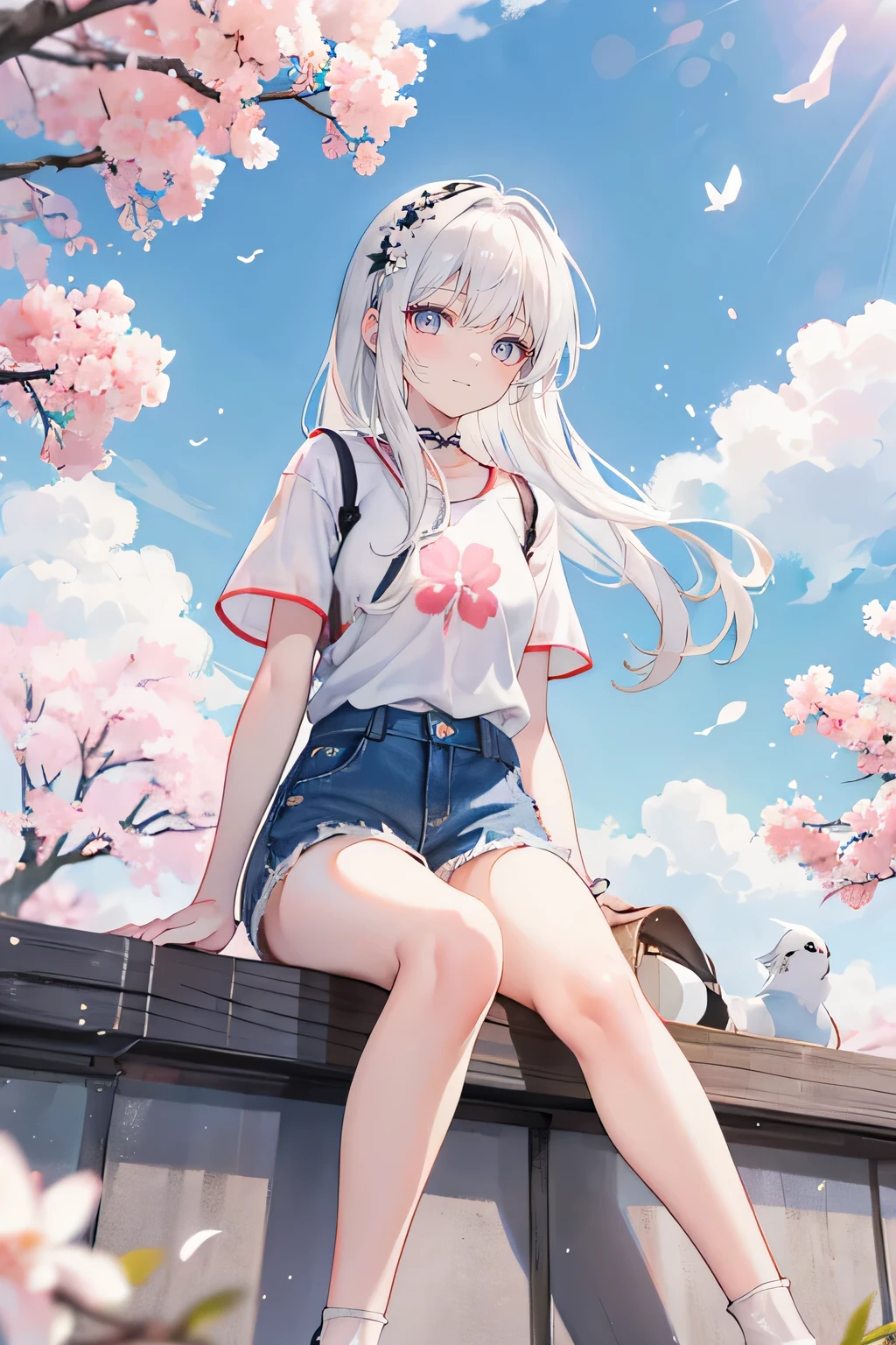white hair,long hair,Bangs,Bangs neatly,Flower headband,gray eyes,cute,girl,Short sleeves with open shoulders,Denim shorts,full-body shot,whole body,Birds sit,sit on the floor,Lots of cherry blossom trees,Background blue sky and white clouds,Happy and happy expression