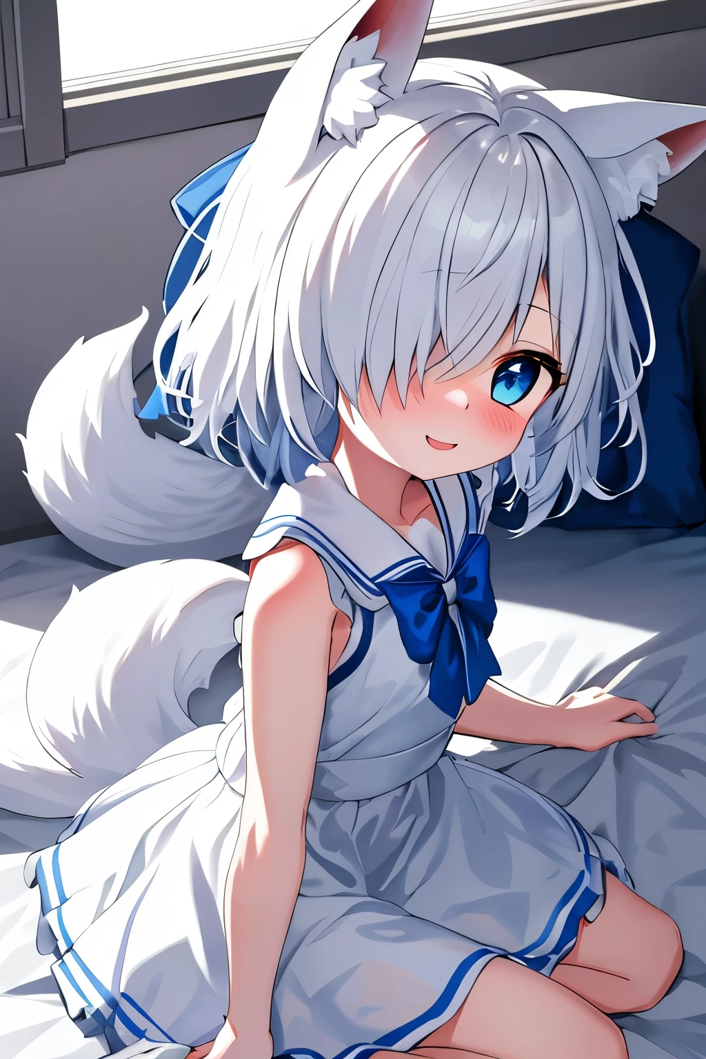 1girl, fox ears, blue eyes, white hair, hair over one eye, from side, pov, sitting, bed sheet, light, nose blush, light smile, white dress, blue bow, sparkle,