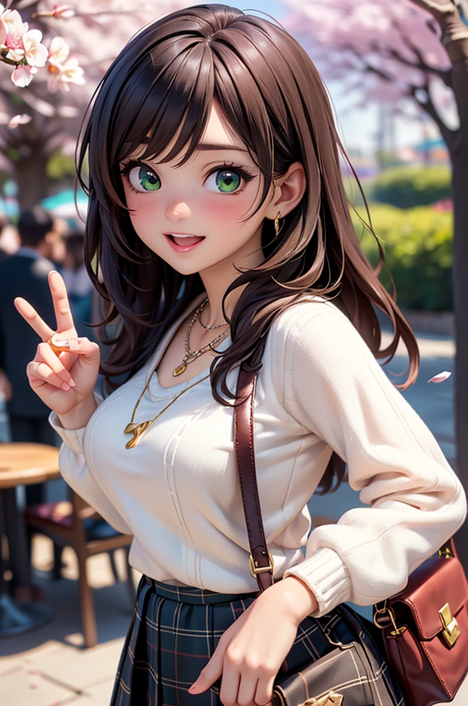 ((on the table, best quality, high resolution, north african free trade area, pixel perfect, depth of field, 4K, north african free trade area, north african trade zone))), 1 girl in, single, alone, beautiful anime girl, beautiful art style, anime characters, ((long hair, Bangs, brown hair)), ((green eyes:1.4, round eyes, beautiful eyelashes, realistic eyes)), ((Detailed face, blush:1.2)), ((smooth texture:0.75, lifelike質感:0.65, lifelike:1.1, Anime CG style)), ((medium breasts, split, plump)), Dynamic angle, Perfect body, ((View, selfie pose, portrait)), ((white sweater, long sleeve, black skirt, Plaid skirt, fashionable, 1 handbag, 1 diamond necklace)), Smile, open mouth, amusement park, ((Cherry tree, Cherry blossoms fall))