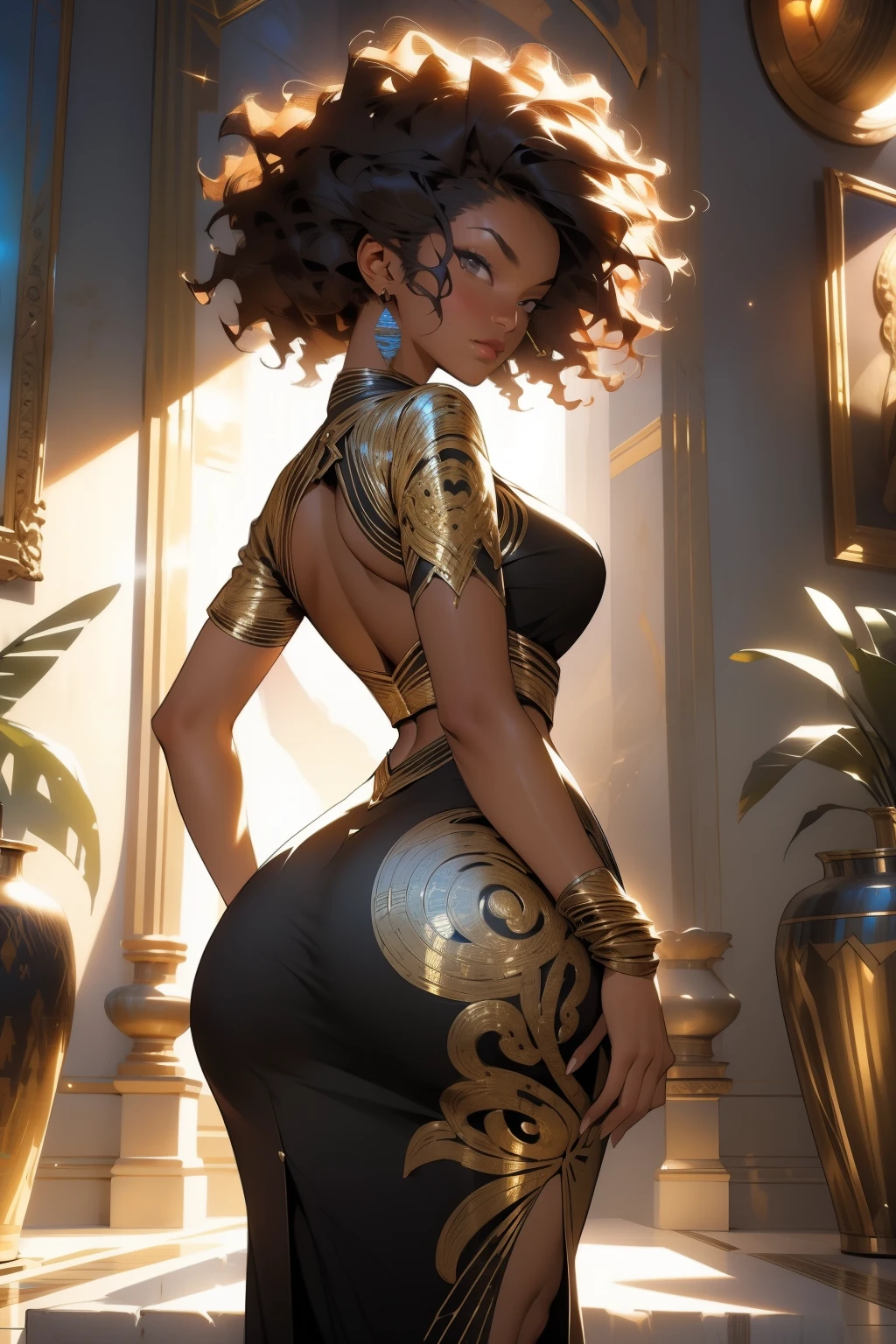 (best quality: 1.2, 32k: 1.1, masterpiece: 1.2), Detailed representation of textures and fine details, Ray tracing technology for lifelike reflections, Cinematic lighting: 1.1, with soft highlights and dramatic shadows, Creating depth through depth of field, Focus on a beautiful curly black woman, Radiating a sense of luxury and appeal, Standing proudly in an African museum, Surrounded by an abundance of cultural artifacts, Drums, sculptures of animals, intricate pots, and African-designed sculptures, Capturing the beauty and richness of her curvy, hot figure against the back
