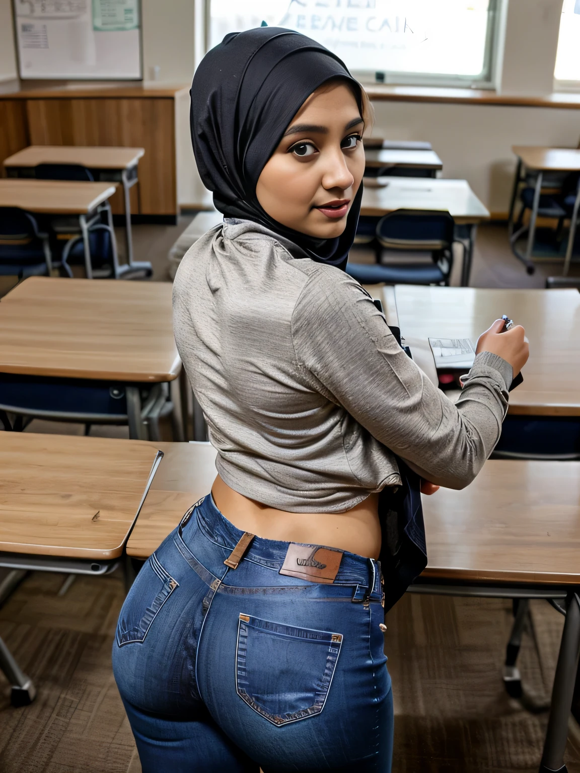 (view from behind), ((view from above)), (birds eye perspective), In an empty classroom, a young thick ((hijabi)) ((muslim)) confidently (stood) presenting her ass to viewer, ready to showcase her unique style and personality. She wore ((fitted sexy jeans)) and (long sleeves lace top), creating a fashionable ensemble that expressed her individuality. With a full face of makeup, her expressive mouth became the focal point of her captivating presence. Her lips were adorned with a vibrant shade, reflecting her confidence and boldness. As she stood, her expressive mouth conveyed a sense of playfulness and enthusiasm, radiating positivity and energy. Her hourglass figure was tastefully accentuated by her (fitted sexy jeans), The modern (hijab) and long sleeves top combination allowed her to express her personal style while adhering to school dress codes. fit body, round ass, protruding ass, ((looking at the camera))