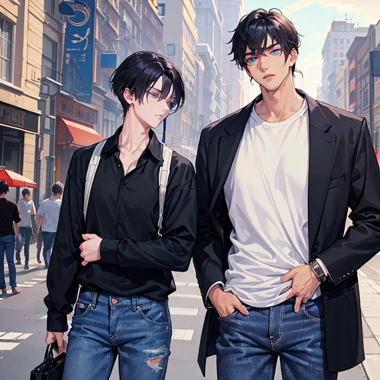 ((two Guys)) A short male walking  with a Latte on his left and and his cellphone with in the right hand ((blue eyes)), ((Purple & black hair)), ((oversized shirt)), ((baggy jeans)) and next to him is a tall guy smoking a cigarette with his left arm resting on the right arm ((black hair)), ((red eyes)), ((black suit)) 