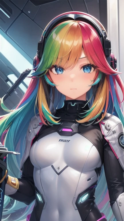 1girl, (masterpiece), best quality, expressive eyes, perfect face, ((anime girl with blue eyes and grey futuristic archer outfit)), ((((multicolored hair)))), ((rainbow hair)), small breast, (futuristic eye visor), shinig eyes, bracelet, ((carrying futuristic sword on the side))