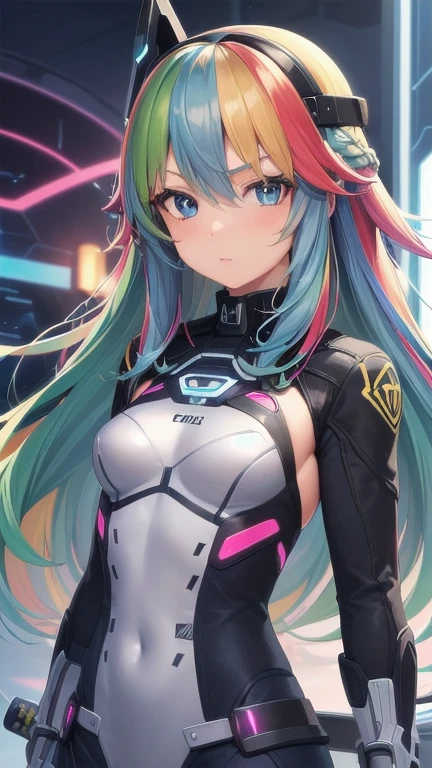 1girl, (masterpiece), best quality, expressive eyes, perfect face, ((anime girl with blue eyes and grey futuristic archer outfit)), ((((multicolored hair)))), ((rainbow hair)), small breast, (futuristic eye visor), shinig eyes, bracelet, ((carrying futuristic sword on the side))