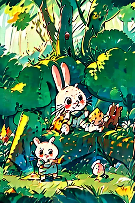 Lulu the bunny躲在Behind the mother rabbit，careful地Enteredkindergarten。 | Lulu the bunny，Behind the mother rabbit，careful，Entered，kindergarten，background：kindergarten入口