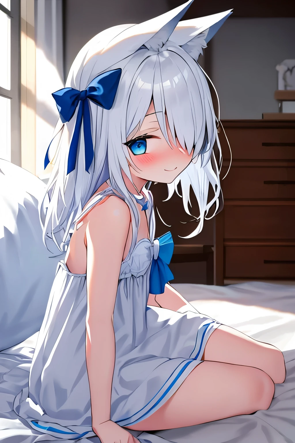 1girl, fox ears, blue eyes, white hair, hair over one eye, from side, pov, sitting, bed sheet, light, nose blush, light smile, white dress, blue bow, sparkle,