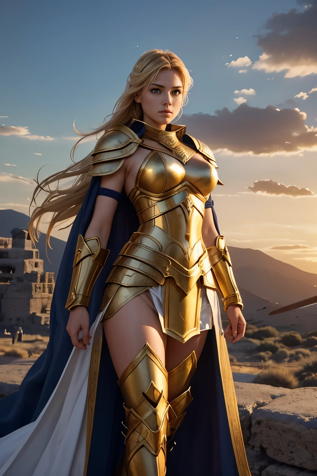Generates an image of a Greek warrior girl at sunset, showing her entire body from head to toe. The warrior should have wide legs and hips, which gives her a strong and powerful appearance. She must wear golden armor that is not ostentatious, but is still impressive and functional. The armor must have an elegant design, inspired by ancient Greece, and must cover her entire body. The warrior must hold two swords in her hands, ready for combat. Her blonde hair should flow in the wind, and she should wear a short white skirt that complements her armor. The scene should take place at dusk, with warm colors illuminating the sky and clouds. The warrior must stand in a natural landscape, ready to face any challenge that comes her way NSFW sexy legs
