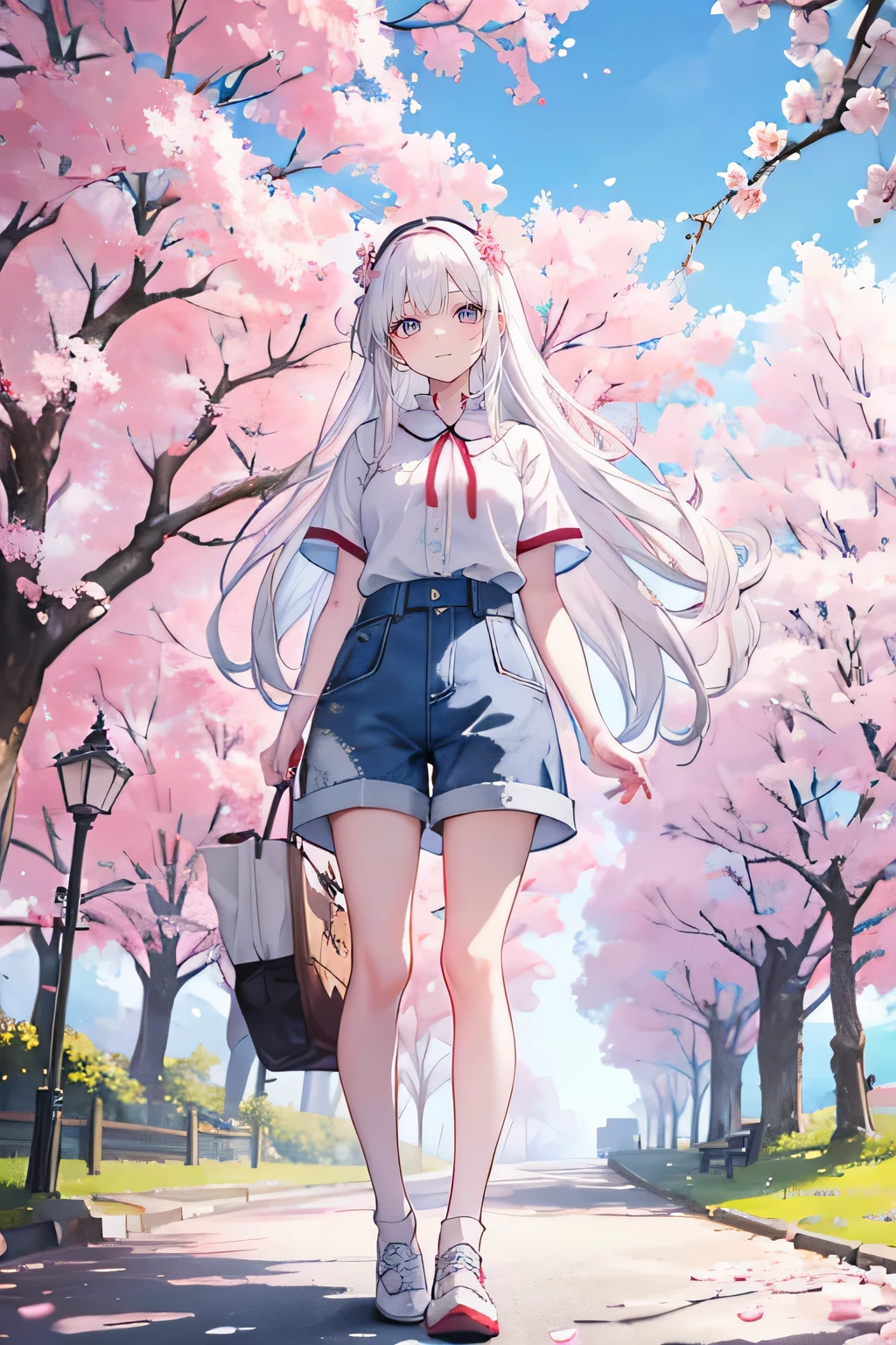 White hair，long hair，Bangs，Bangs neatly，Flower headband，gray eyes，girl，cute，girl，short sleeves，Denim shorts，full-body shot，whole body，stand on the ground，Lots of cherry blossom trees，Background blue sky and white clouds，Happy and happy expression