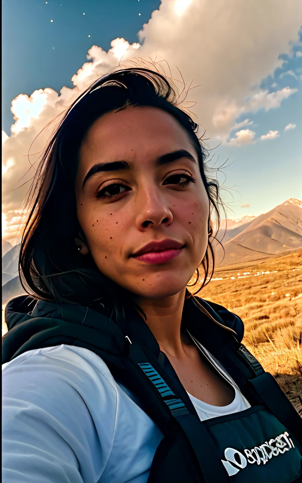 1 mujer ((parte superior del cuerpo selfie, feliz)), obra maestra, Mejor calidad, ultra detallado, solo, al aire libre, (noche), mountains, naturaleza, (estrellas, luna) alegre, feliz, mochila, bolsa de dormir, estufa de camping, botella de agua, Mountain boots, sin ropa, oscuridad, contrast, cielo limpio, analog style (mirar al espectador:1.2) (Textura de la piel) (film grain:1.3), (warm tone, warm tone:1.2), de cerca, cinematic light, side lighting, ultra high resolution, mejor sombra, CRUDO, parte superior del cuerpo, vistiendo jersey