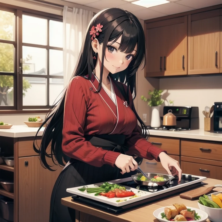 1girl, anime, black eyes, long black hair with square bangs, very long black hair, super long black hair, skirt and stockings, heels, black Japanese style kimono mixed with ribbed black sweater with red accents and sakura floral design, ((ribbed black sweater)) adult, (Japanese shrine/temple background), gamer, (((gamergirl))), (((office lady))), kimono sleeves, garter, graceful, (((cooking food in kitchen)))