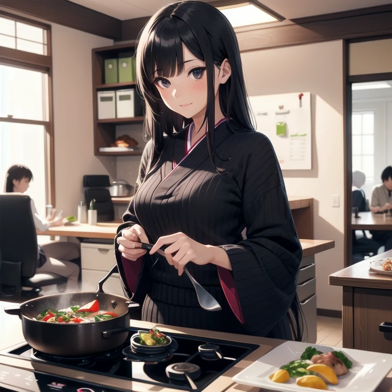 1girl, anime, black eyes, long black hair with square bangs, very long black hair, super long black hair, skirt and stockings, heels, black Japanese style kimono mixed with ribbed black sweater with red accents and sakura floral design, ((ribbed black sweater)) adult, (Japanese shrine/temple background), gamer, (((gamergirl))),  (((office lady))), kimono sleeves, garter, graceful, (((cooking food in kitchen)))