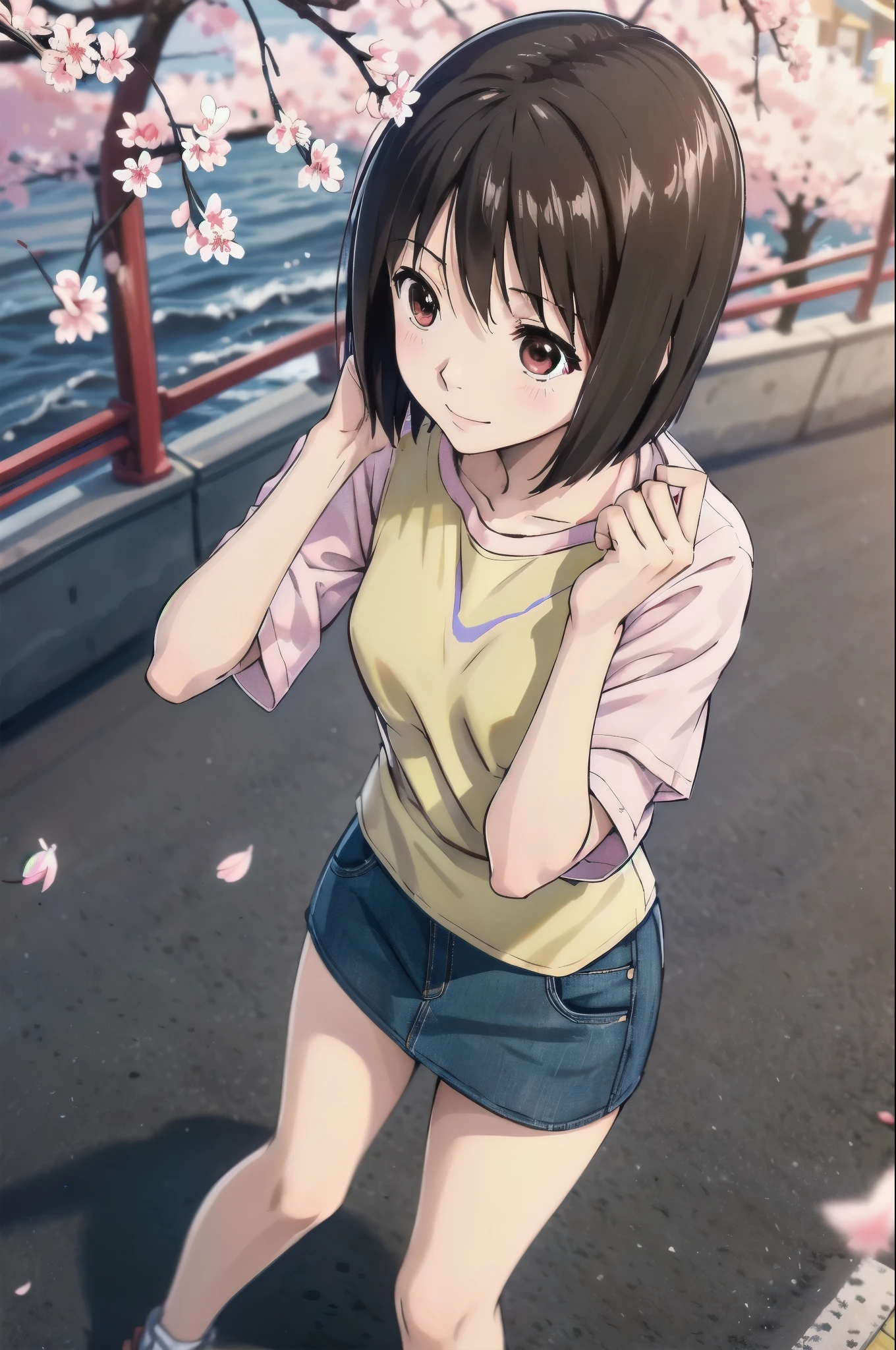 in front_Misaki, (Two-tone shirt), denim skirt, wave hands、road along the river、bank、Cherry tree、Cherry blossom petal fluttering、(Stretch one hand up)、smile、Angle from above