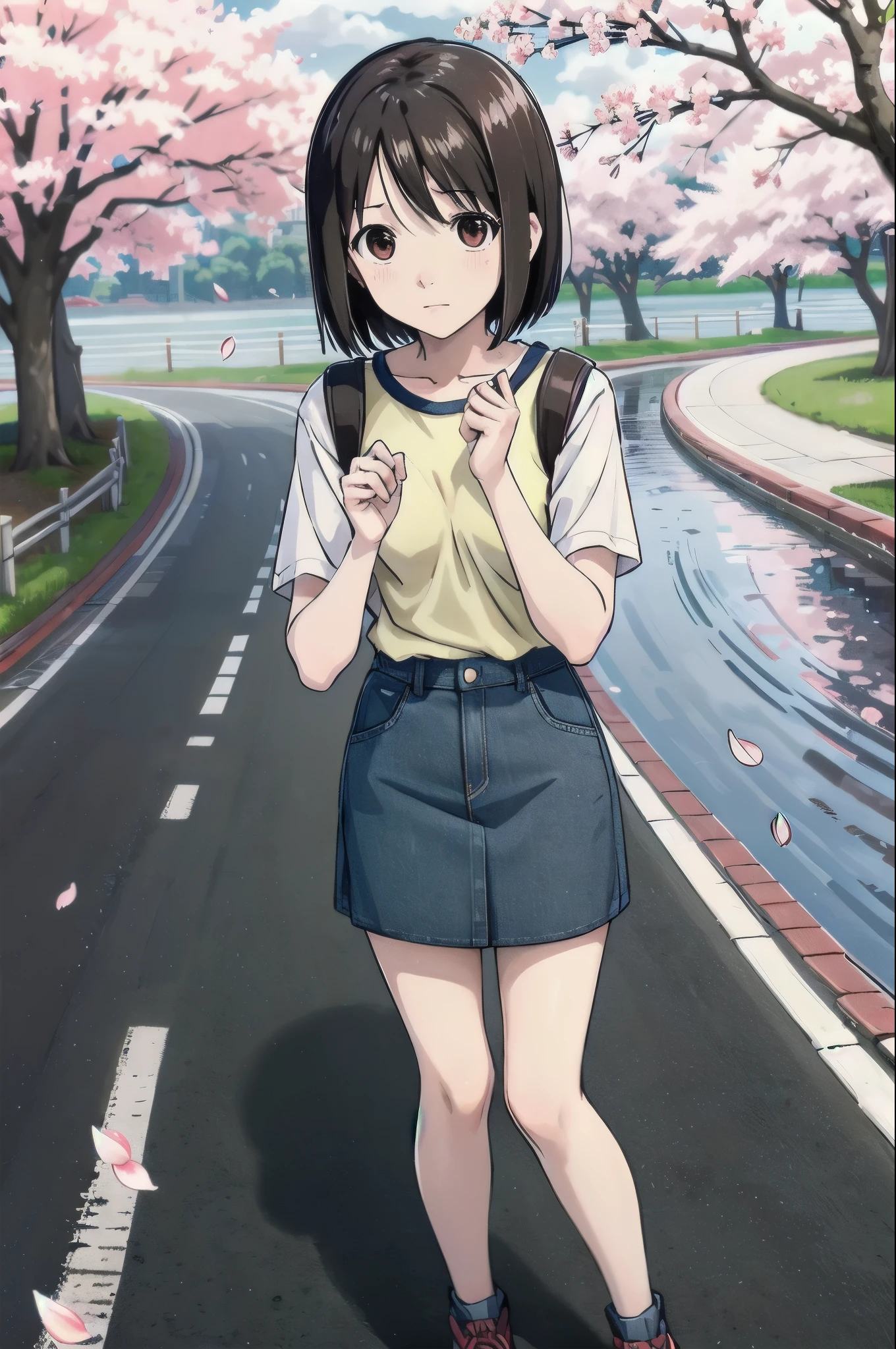 in front_Misaki, Two-tone shirt, denim skirt, wave hands、road along the river、bank、Cherry tree、Cherry blossom petal fluttering