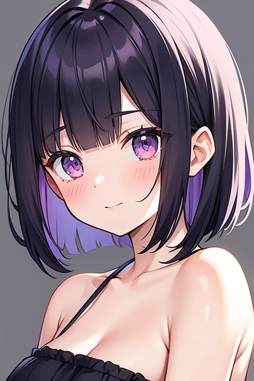 Anime-style portrait of a girl with a dark violet bob cut making eye contact with the camera, bright eyes, -facebtle smile, minimalistic background to emphasize character, high contrast, clean lines, digital painting, vivid colors