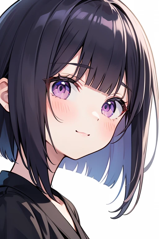 Anime-style portrait of a girl with a dark violet bob cut making eye contact with the camera, bright eyes, baby-faced, subtle smile, minimalistic background to emphasize character, high contrast, clean lines, digital painting, vivid colors