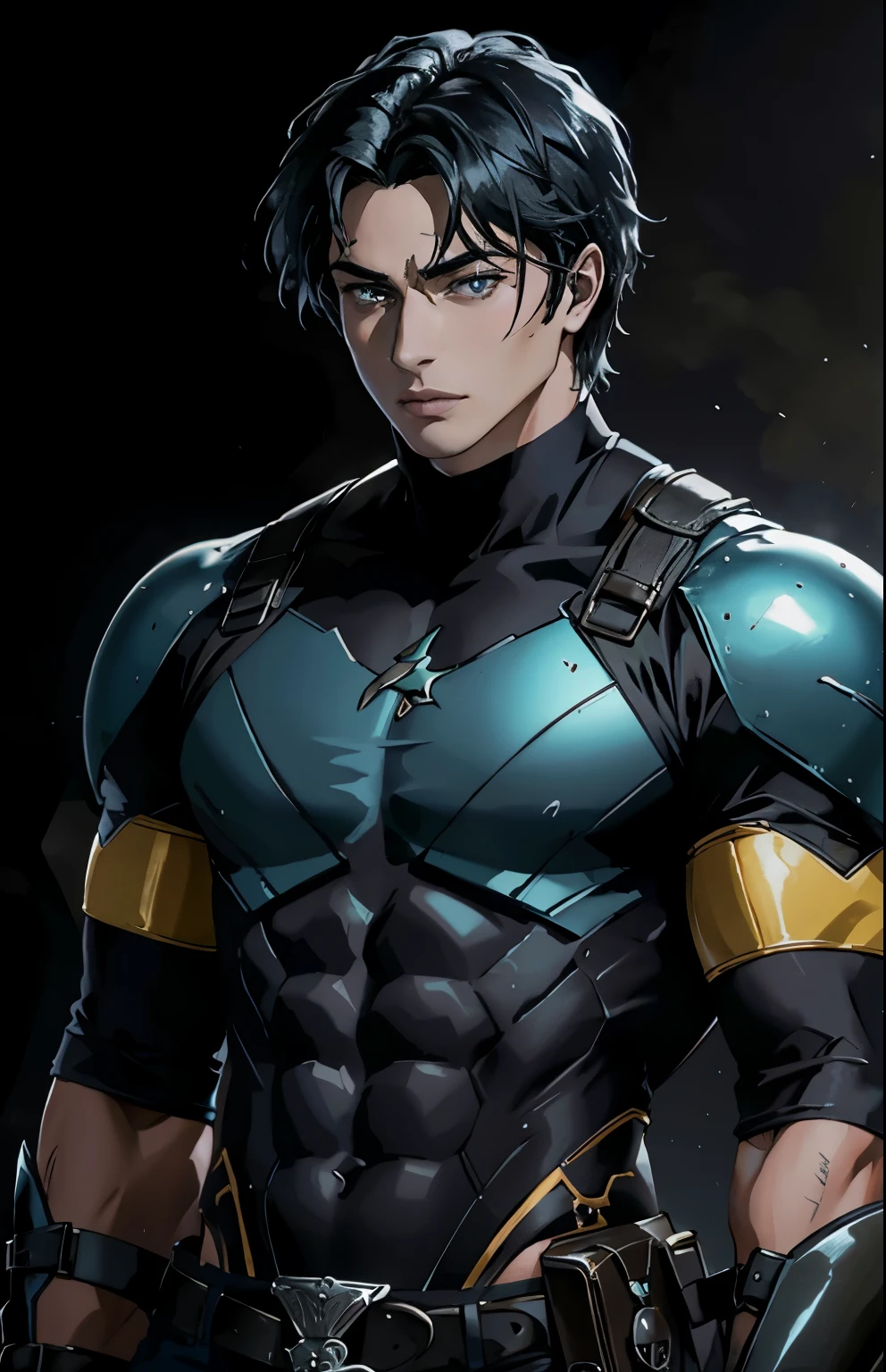Handsome Japanese 18 years old Shaved head A tight metallic bodysuit The whole body is visible Light background