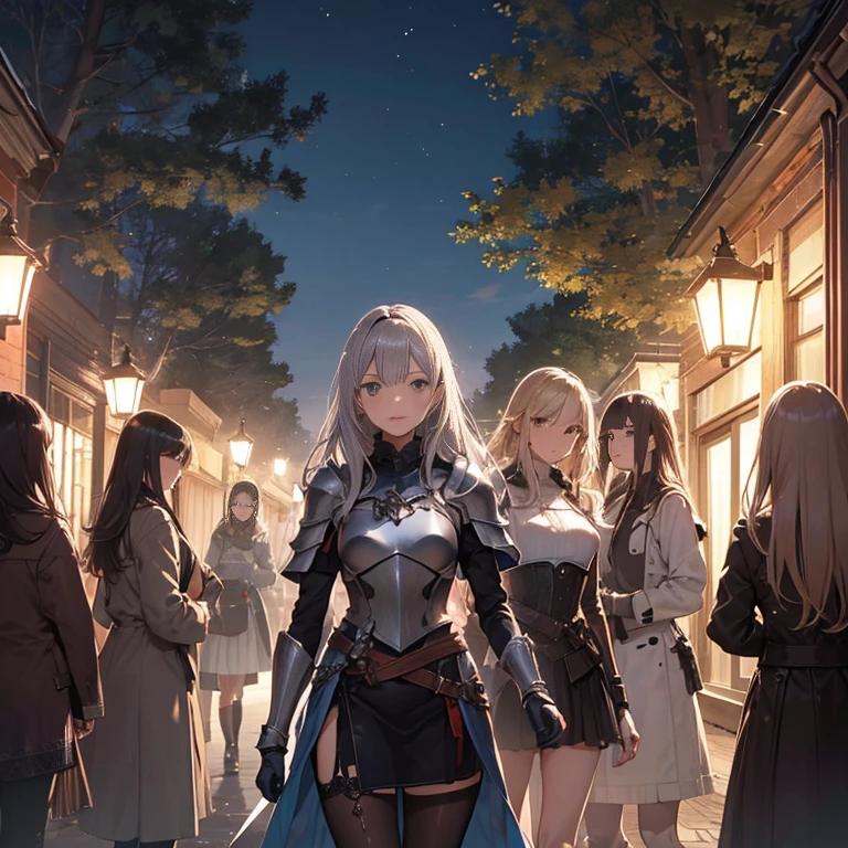 A group of  female knight, (in forest), various hair styles, harem, wearing armored clothes, metal armor, night, details face, , short skirt, seducing, sword, showing armpits, sleeveless 