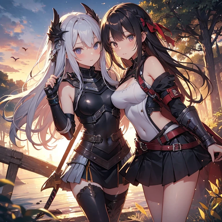 A group of  female knight, (in forest), various hair styles, harem, wearing armored clothes, metal armor, night, details face, , short skirt, seducing, sword, showing armpits, sleeveless 