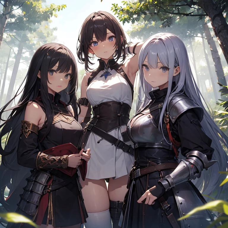 A group of  female knight, (in forest), various hair styles, harem, wearing armored clothes, metal armor, night, details face, , short skirt, seducing, sword, showing armpits, sleeveless 