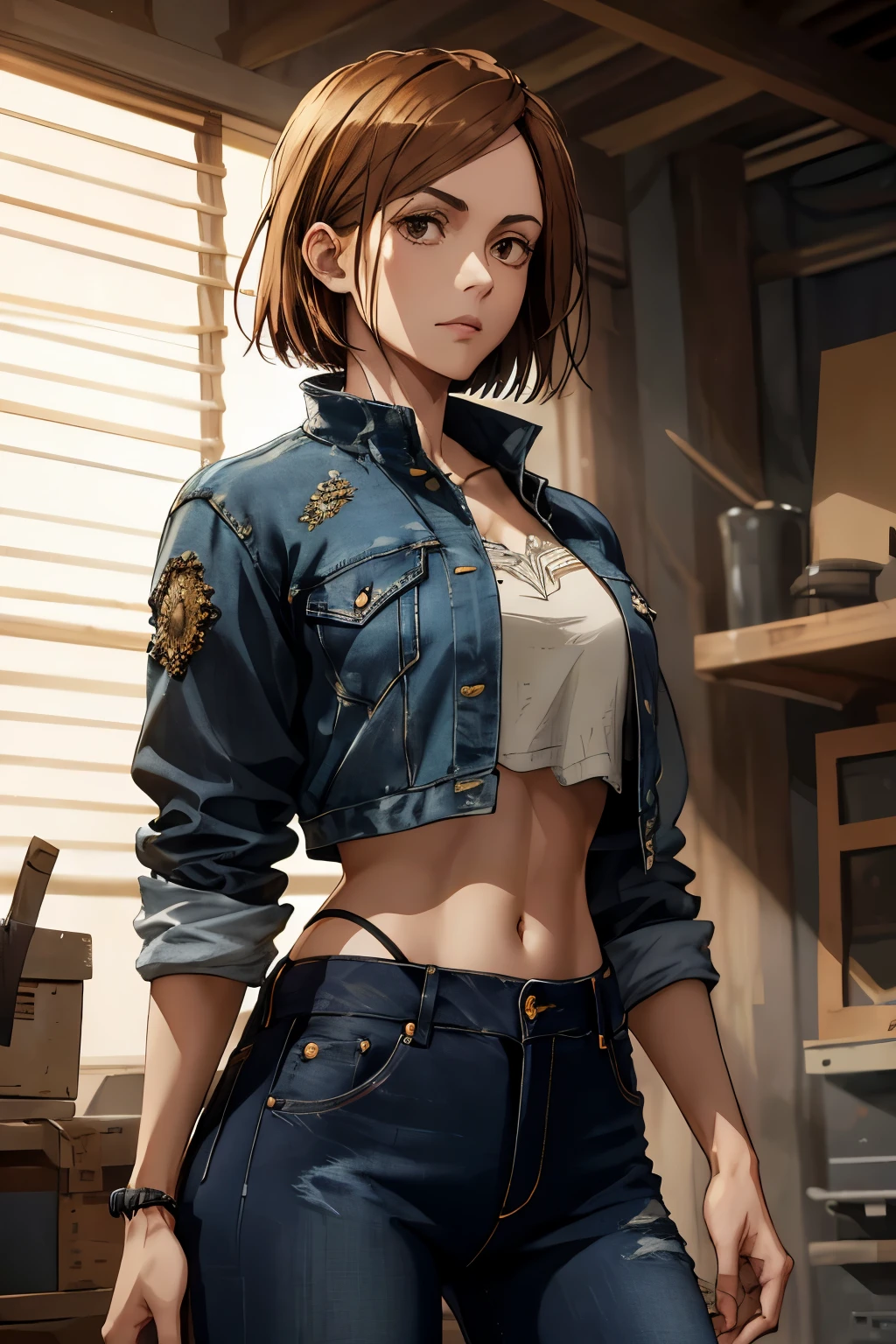 1girl, cowboy shot, beautiful Nobara, crop top, jeans, bangs,black denim jacket,, volumetric lighting, best quality, masterpiece, intricate details, tonemapping, sharp focus, hyper detailed, trending on Art Station, 4k,full body