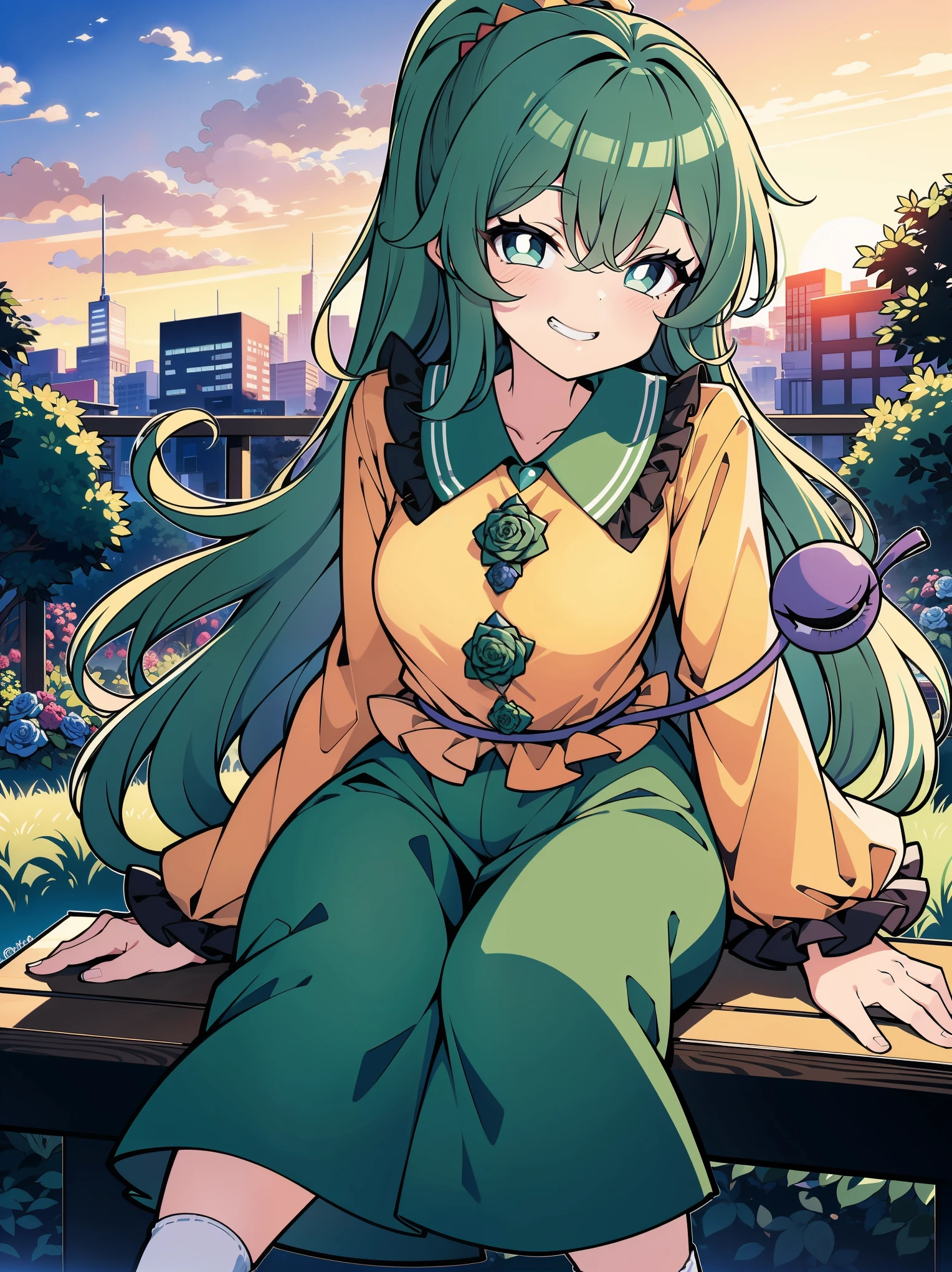(Cowboy shot), (colorful:1.1), glowing, (ultra-high resolution, depth of field:1.2), looking at viewer, (komeiji koishi:1.1), (1woman), adult, Touhou project, medium breasts, (dark green eyes), white pupils, glowing eyes, green hair, wavy hair, (long hair), ponytail, comfy clothing, (casual clothes), (modern clothes:1.1), A closed blue-purplish "third eye" is positioned over her heart, with cords wrapped around her torso and attached to each of her ankles, (blue roses in the background), garden scenery, (Sunset:1.1), grinning, (squinting eyes), sitting on a garden bench