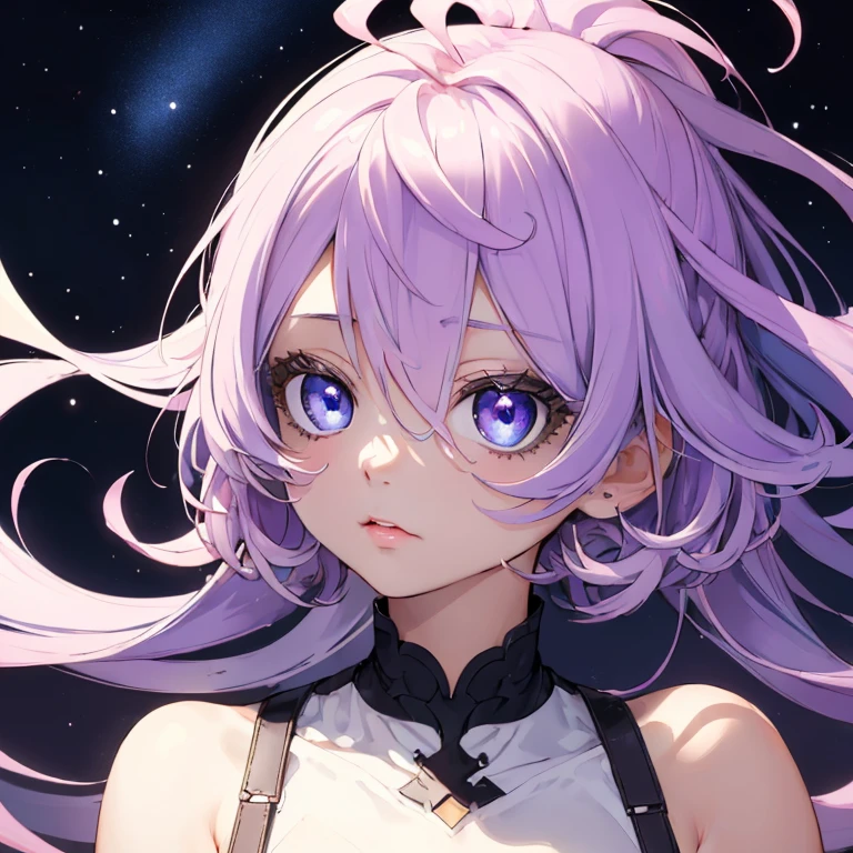 ((Masterpiece,Best quality)),(Negative space:1.4),(1girl, Single:1.4),Beautiful detailed eyes,Light pink and lavender floating hair, Lavender eyes, At night, starry sky, The stars are shining