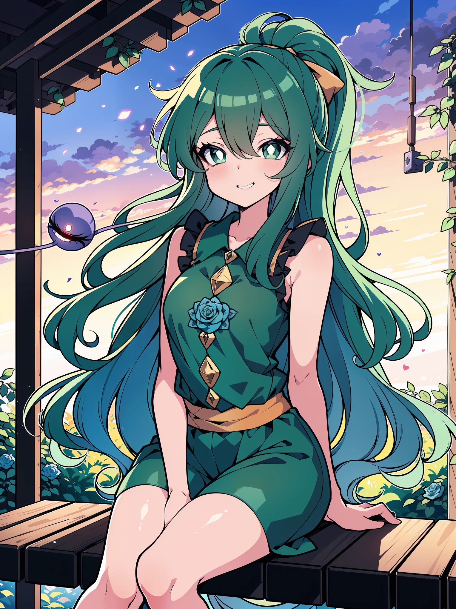 (Cowboy shot), (colorful:1.1), glowing, (ultra-high resolution, depth of field:1.2), looking at viewer, (komeiji koishi:1.1), (1woman), adult, Touhou project, medium breasts, (dark green eyes), white pupils, glowing eyes, green hair, wavy hair, (long hair), ponytail, comfy clothing, (casual clothes), (modern clothes:1.1), A closed blue-purplish "third eye" is positioned over her heart, with cords wrapped around her torso and attached to each of her ankles, (blue roses in the background), garden scenery, (Sunset:1.1), grinning, (squinting eyes), sitting on a garden bench