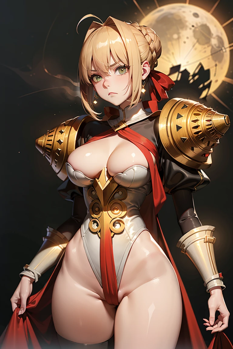 masterpiece,best quality,1girl,(MoonCrux,PugilismForm),wide hips,light frown,standing,thin gap,simple background,cowboy shot,