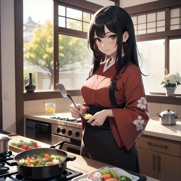 1girl, anime, black eyes, long black hair with square bangs, very long black hair, super long black hair, skirt and stockings, heels, black Japanese style kimono mixed with ribbed black sweater with red accents and sakura floral design, ((ribbed black sweater)) adult, (Japanese shrine/temple background), gamer, (((gamergirl))), kimono sleeves, garter, graceful, (((cooking food in kitchen))), making sushi, cutting sushi, sushi on countertop