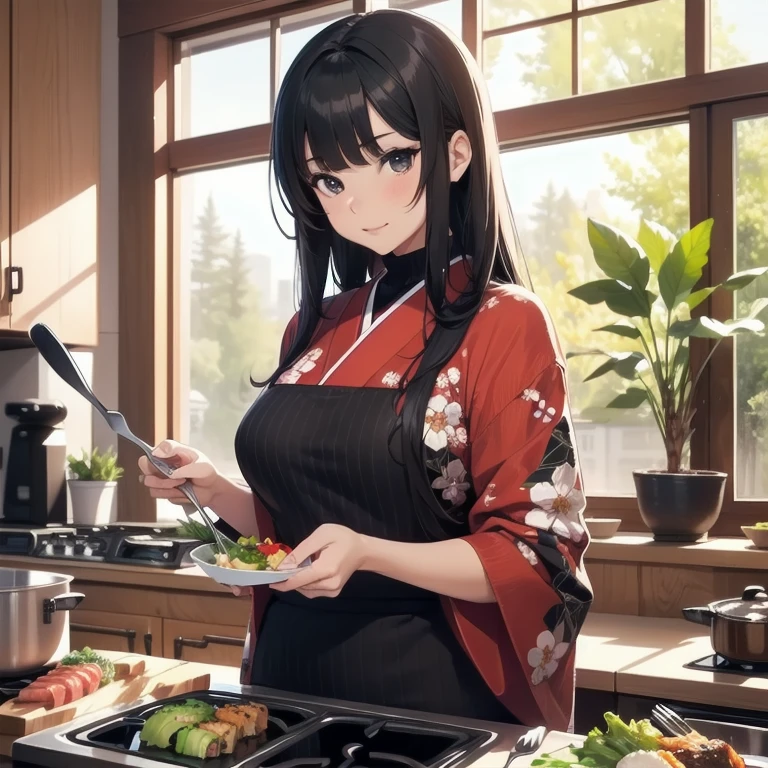 1girl, anime, black eyes, long black hair with square bangs, very long black hair, super long black hair, skirt and stockings, heels, black Japanese style kimono mixed with ribbed black sweater with red accents and sakura floral design, ((ribbed black sweater)) adult, (Japanese shrine/temple background), gamer, (((gamergirl))), kimono sleeves, garter, graceful, (((cooking food in kitchen))), making sushi, cutting sushi, sushi on countertop